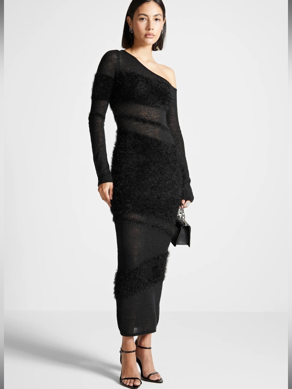 One-Shoulder Black Textured Midi Dress